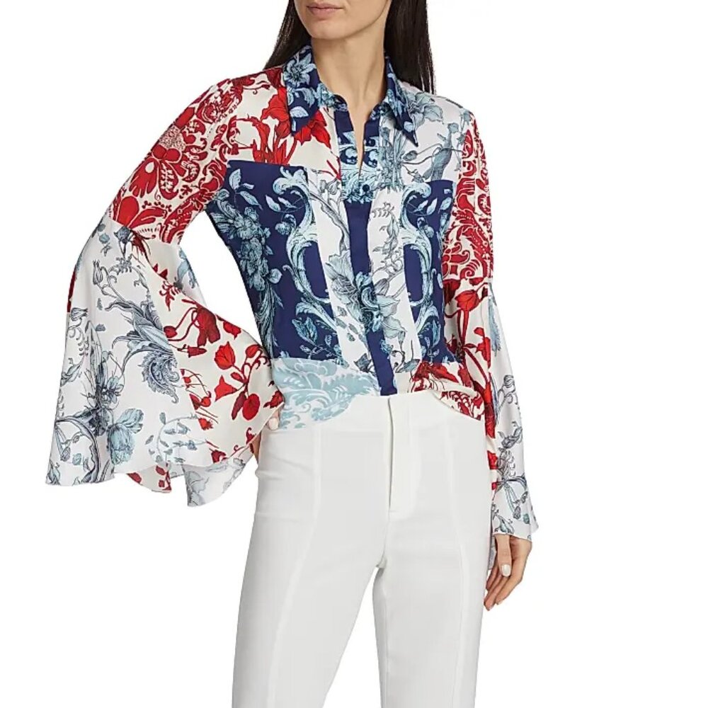 Alice + Olivia Willa Mixed Floral Bell Sleeve Satin Button Front Blouse Size XS
